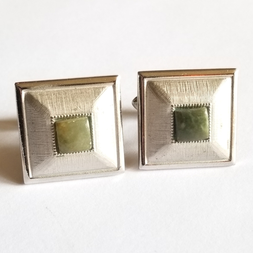 Vintage Swank cuff links silver tone square green stone cufflinks textured men